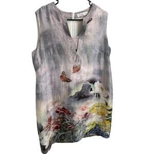TUNG ON Floral Poppy Butterfly Dress Blue Sky Print Size 48 Statement